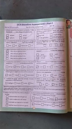 Class 8th's english work book's OCR Baseline Assessment -Part first's answer ( 2026)