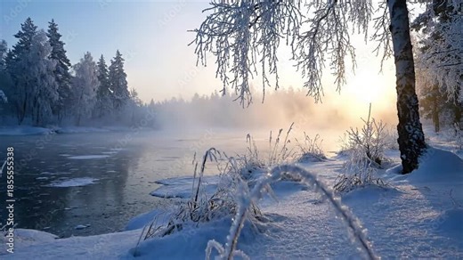 Hazy Forest Immersion frosty haze winter A slow, gentle tracking or glide shot moving through a path or between snow laden trees in a