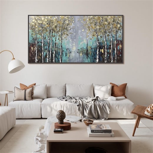 Large Abstract Cityscape Painting, Textured Impasto Wall Art,gold Birch Tree Art,moody Rainy Street Scene,teal and Grey Living Room Wall Art - Etsy