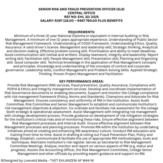 ADVERTISEMENT | 📢 Ehlanzeni TVET College – Permanent Positions Available Ehlanzeni TVET College invites all suitably qualified candidates to apply for permanent positions across various departments. 📞 Enquiries: Mr. D.P. Nkuna or Ms. M. Mokoena Tel: 013 752 7501 ⏰ Closing Date: 7 November 2025 at 13:00 🔗 Apply online: https://www.ehlanzenicollege.co.za/vacancies/ #Vacancy #ApplyEhlanzeni #CareersAtTVET #EhlanzeniTVETCollege #JobOpportunity #Nelspruit #Mpumalanga | Mpumalanga News