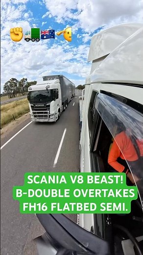 Day 147 of Year 2026. SCANIA V8 Super B-Double Overtaking Volvo FH16 Flatbed Semi on Hume Highway.