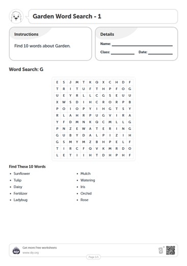 Free Garden Word Search Worksheets