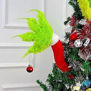 Christmas Elf Body Tree Decorations, Christmas Green Monster Stole Xmas Tree Topper, Pose-able Elf Stuffed Leg Arm and Head for Christmas Tree Decor Hanging Ornament (Arms, 27.6x7.8 inch)