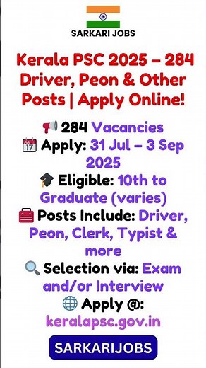 📝 Kerala PSC 2025 – 284 Driver, Peon & Other Posts | Apply Online!
