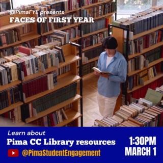 The Pima First Year Experience Program’s next Faces of First Year livestream at 1:30 p.m. March 1 on YouTube @PimaStudentEnagement. The episode will cover Pima Library resources: https://ow.ly/ObLh50QEgY8 More about upcoming FOFY vodcasts: https://ow.ly/k9LV50QEgY9 #pimacommunitycollege #pimacares #mypimafuture First Year Experience at Pima Community College Pima Student Life | Pima Community College