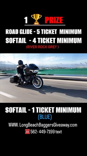 7.2K views · 39 reactions |  GIVEAWAY   1 Prize  1 Winner  GOING LIVE 8/18 - WHOS NAME ARE WE CALLING OUT ❓AS THE WIINER ✅ DETAILS ✅ Depending How many total tickets the winning ticket holder purchased. Will determine which prize he or she takes home . Blue Softail - 1 ticket minimum River rock grey Softail - 4 minimum Road Glide - 5 minimum Questions - ☎️ 562-449-7199 text | Long Beach Custom Baggers | Facebook