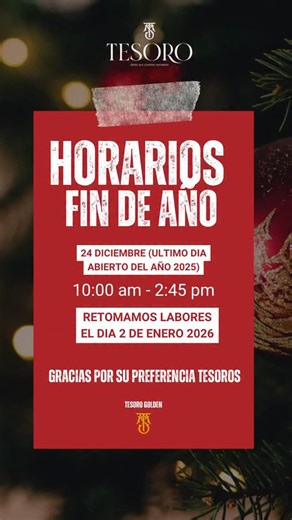 Tesoro gold on Instagram: "Recuerda que hoy 24 de diciembre del 2025 es nuestro último día que estaremos contigo en nuestra sucursal física, retomando labores el día 2 de enero 2026, mientras tanto podrás escribirnos para atender tus mensajes vía online 📲. Agradecemos infinitamente tu apoyo y comprensión. Deseándoles que pasen bonitas fiestas navideñas a cada uno de ustedes. Tesoro golden 💙 #navidad #horario #viral #tesoro #vacaciones ones"