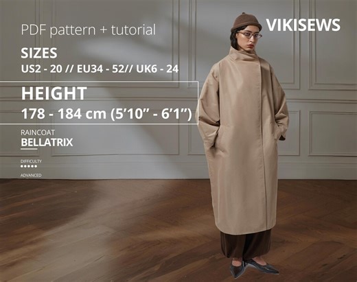 Bellatrix Trench Coat Sewing Pattern With Tutorial Size 34-52 Height 178-184cm Rain Coat Pattern Long Coat Sewing Pattern - Etsy