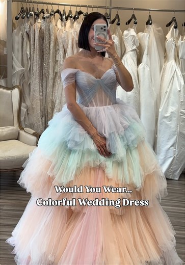 Which wedding dress style would you wear on wedding day - Colorful 🌈 or traditional white 🤍? Both wedding dresses are by @Hayley Paige and are available now @Lovella Bridal ! 💫 #colorfulweddingdress #hayleypaige #weddingdress #traditionalweddingdress #weddingdressinspo