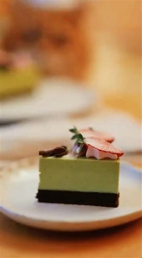 Kitty making a strawberry Matcha mousse cake 🍰 🐱 🧑‍🍳 #cookingshow #cake #pets #cat #funny #food