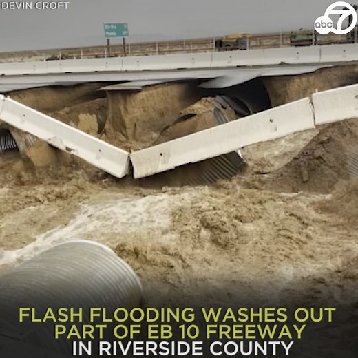 82K views · 1.5K reactions | TRAFFIC NIGHTMARE: Flash flooding in Riverside County on Wednesday washed out a section of the eastbound 10 Freeway, causing a major traffic disruption. Dramatic video from the scene showed the damage of the washout, including a huge gap in the road. https://abc7.la/3pHfE5B | ABC7 | Facebook