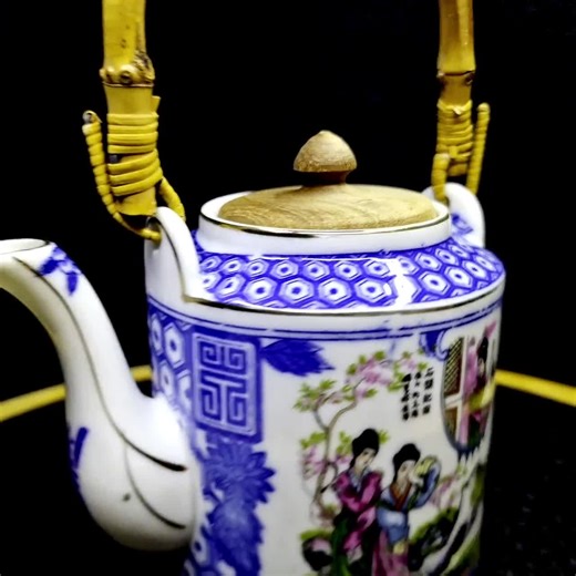 Vintage Japanese Geisha Teapot: Blue & White Porcelain With Bamboo Handle - Etsy UK