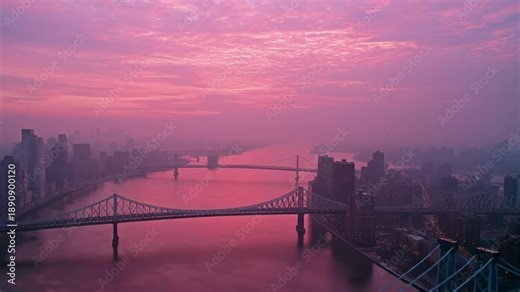 Sunset drone footage of gorgeous New York in grey silhouettes, approaching iconic East River bridges, pastel pink sky background