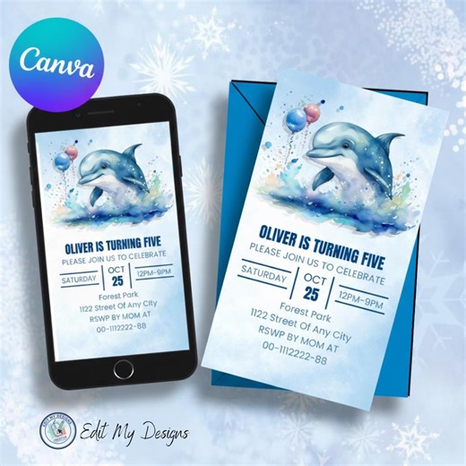 Dolphin Birthday Invitation Template, Kids Ocean Invite, Editable Canva Digital Invitation, Printable Party Card - Etsy