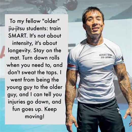 7.8K views · 286 reactions | To my fellow “older” jiu-jitsu students: train SMART. It’s not about intensity, it’s about longevity. Stay on the mat. Turn down rolls when you need to, and don’t sweat the taps. I went from being the young guy to the older guy, and I can tell you injuries go down, and fun goes up. Keep moving! #jiujitsu | Kenny Kim | Facebook