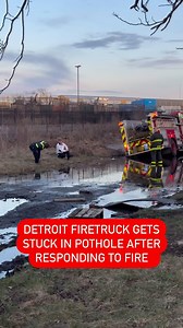 230K views · 1.2K reactions | STUCK  A #Detroit firetruck got stuck in a pothole after fighting a fire. The fire broke out Monday afternoon at a home in the area of Michigan Ave & Clark. As one of the fire engines began to drive off, his back wheel got stuck in a pothole. A tow truck later came and got the fire engine out. @metrodetroitnews #firedepartment #detroit | Chief Miller | Facebook
