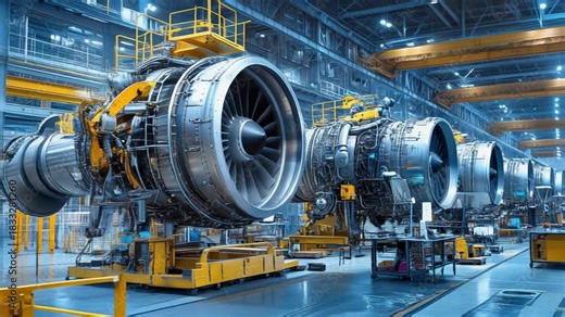 High-tech aircraft engine manufacturing facility with advanced machinery and efficient workflow