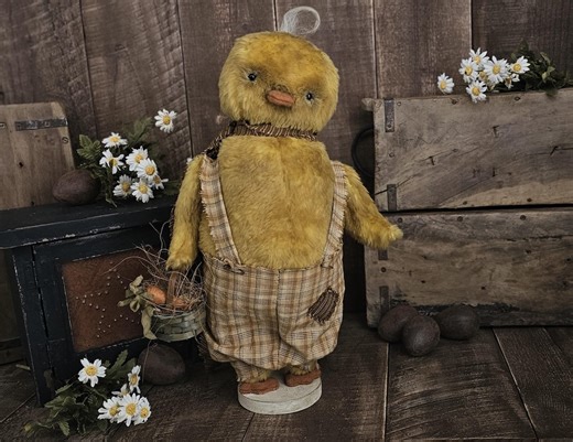 Primitive Spring Duckling “finn” With Vintage Basket • Farmhouse Easter Decor • Handmade Primitive Chick • Rustic Spring Folk Art - Etsy