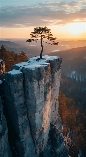 Lone Pine Sentinel from Hitclub ​A dramatic and inspiring view of a single, resilient pine tree growing atop a sheer, snow-covered rock cliff. Overlooking a vast valley at sunrise, this video captures the quiet strength of nature in the high mountains. #MountainPeak #LoneTree #WinterSunrise #NatureResilience #Hitclub