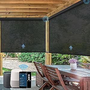 Motorized Outdoor Roller Shades,Patio Roll Up Blind Work with Alexa,Google Home,Apple Homekit,Remote Control Sun Shade,Waterproof &Windproof Smart Blinds for Porch,Sirus Coffee, 5% Openness
