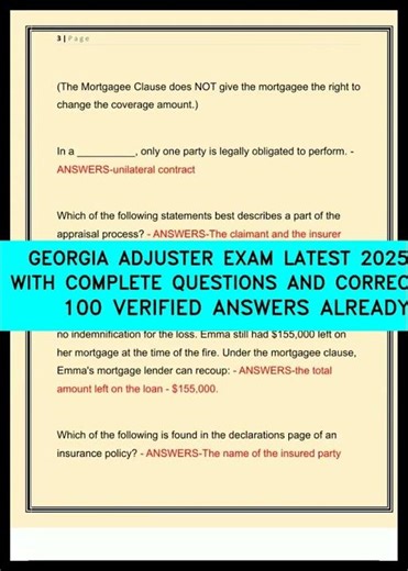 GEORGIA ADJUSTER EXAM LATEST 20252026 ACTUAL EXAM WITH COMPLETE QUESTIONS AND CORRECT DETAILED ANSWE