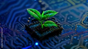 Digital green tree on computer circuit board, plant growing in digital motherboard fusion of technology with nature