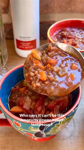 What do you eat for breakfast on the Mediterranean Diet?? Italian Lentil Soup for Breakfast! One cup of this power soup keeps me satisfied and energized for hours! Lentils and beans are one of the best-kept longevity secrets of the Mediterranean! Packed with plant protein, fiber, and slow-digesting carbs, they give your body what it needs to thrive — not just today, but for the long run! TIP: I make this Italian soup for dinner often so I can use the leftovers for breakfast! Why lentils are a po