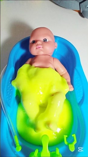 Tiny Doll Bathes in a Tub Full of Sticky Yellow Slime! | ASMR Slime Fun!