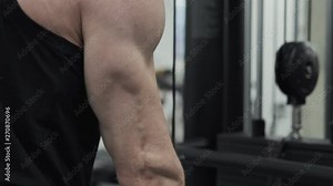 Strong muscular guy performing tricep pull downs during gym workout. Focused man training triceps muscles pulling cable machine in gym