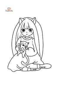 Anime Girl Playing with Kitten coloring page ♥ Online and Print!