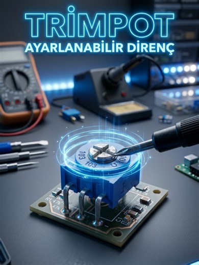 Trimpot Nedir? 🎛️⚡ **Trimpot (trim potansiyometre)**, devre üzerinde **ince ayar yapmak** için kullanılan küçük ayarlanabilir dirençtir. Genellikle tornavida ile çevrilerek direnç değeri hassas şekilde ayarlanır. Nasıl Çalışır? Üzerindeki ayar vidası döndürüldüğünde içindeki direnç yolu üzerinde hareket eden temas noktası değişir ve böylece devredeki **gerilim veya akım ayarı yapılır**. En Yaygın Kullanım Alanları: • Voltaj ayarı • Akım sınırlama devreleri • Sensör kalibrasyonu • Güç kaynakları