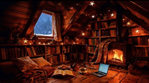 【白噪音】窗外寒风凛冽，你独自躲在木屋二层小阁楼品茶看书码字｜风雪呼啸声 查阅资料翻书声 笔记本电脑键盘打字声 壁炉炉火烧柴声｜助眠｜高效专注学习