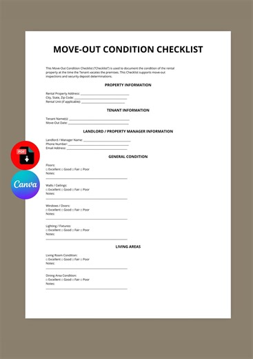 Move Out Condition Checklist Template | Rental Inspection Checklist | Tenant Move Out Form | Editable Canva PDF | Instant Download - Etsy