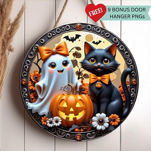 Halloween Door Hanger PNG – 3D Ghost, Black Cat and Pumpkin Sublimation Design – Digital Download - Etsy