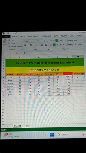 Calculate Percentage of Students Marks in Excel #excel #excel tips# ms excel #shorts.