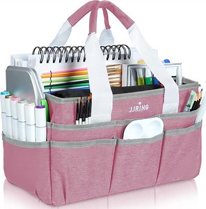 Craft Organizer Tote Bag, Pink Art Storage and Sewing Caddy with Multiple Pockets for Scrapbooking, School, and Office Supplies
