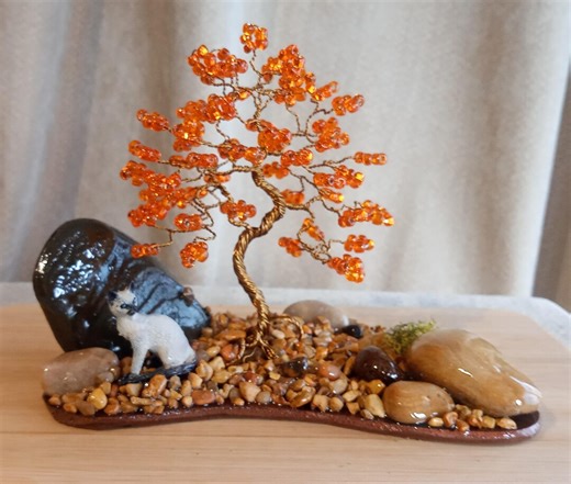 Orange Wire Art Tree. Siamese Cat on Stone Base. A Dazzling Addition to Your Windowsill. - Etsy