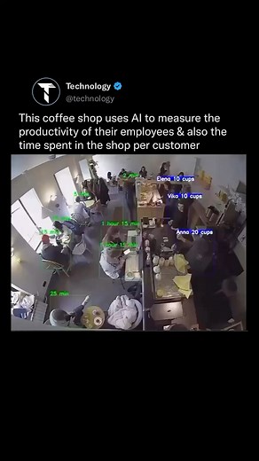 Technology on Instagram: "The NeuroSpot Barista Staff Control and Customer Monitoring system is tracking how coffee shops run, using Al to track employee productivity and customer dwell time like never before. It’s a game-changer for possibly boosting efficiency and understanding customer habits, but there’s no denying that the Big Brother vibe adds a truly eerie and unsettling dimension to it. Video: @neurospotai #ai #business #work #tech #future #robot"