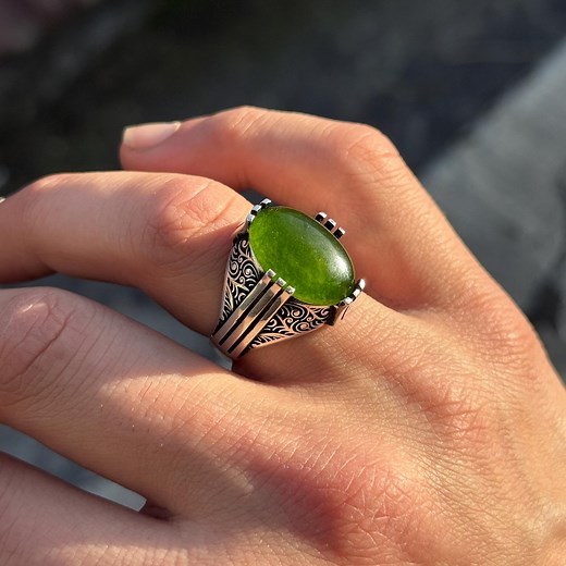 Men Silver Jade Stone Ring, Natural Jade Minimal Ring, Jade Signet Ring, Ottoman Style Engraved Ring, Gift for Men, 925 Silver - Etsy