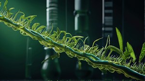 Download AI generated concept of green biotechnology or synthetic biology, graphic of plant with DNA for free