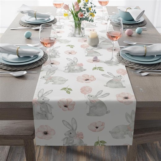 Easter Table Runner, Spring Bunny Table Runner, Floral Botanical Polyester Table Linen, White Neutral Easter Decor - Etsy