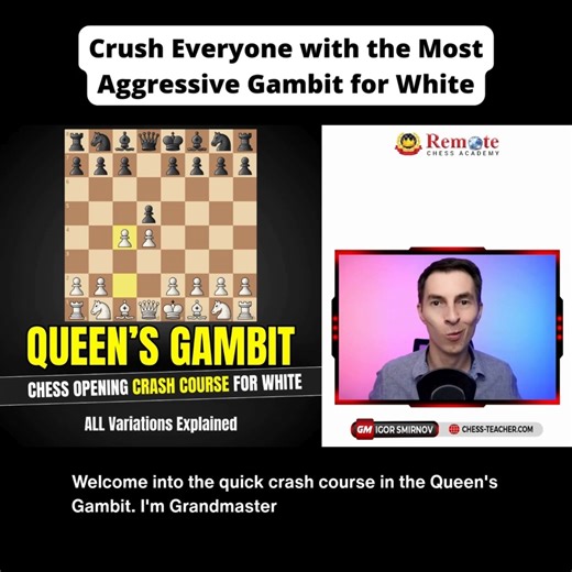 New Video Out! In this video lesson, GM Igor Smirnov will show you how to use the Queen’s Gambit—not just as a positional tool—but as a powerful attacking weapon. We’ll go through several key lines where White can seize the initiative early, disrupt Black’s plans, and keep the pressure on from the very beginning. #chess #chesslessons #chesslife | Remote Chess Academy