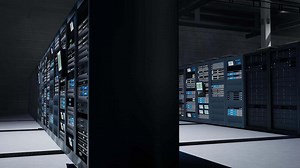 Data center gear delivering high tech computing resources for artificial intelligence to process training datasets. Server room rackmounts storing data used in machine learning, trucking right shot