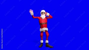 happy santa is doing a macarena dance in 90s disco style in a blue chroma key background