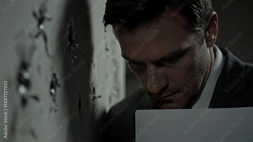 Worried Man in Gray Suit Holding File at Crime Scene Investigation Examining Evidence on a Bulletin Board in Dim