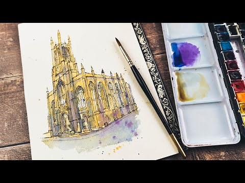 Painting a Gothic Church Building using Watercolor and Pen