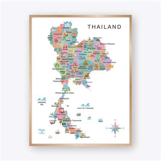 Illustrated Thailand Map With Provinces and Major Cities, Thailand Geography Map Poster With Landmarks for Classroom - Etsy