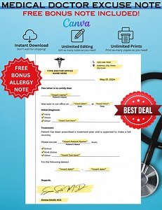 Editable Doctor's Note Template: Medical Excuse (canva Digital Download) - Etsy