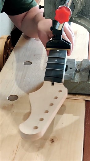 Installing stainless steel frets in a multiscale neck #woodworking #frets #guitar #guitarbuilding