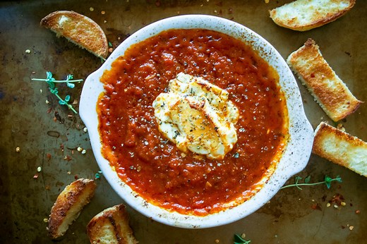 baked goat cheese in fresh herb and tomato sauce : a small batch recipe for two.
